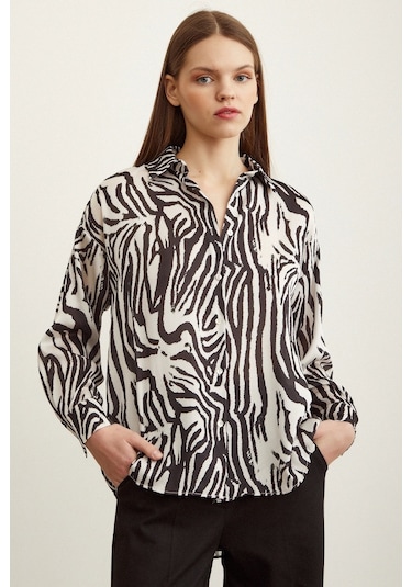 Never More Zebra Desen V Yaka Saten Gömlek Siyah