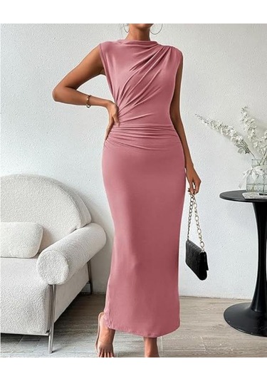 Yaz Kadın Elbisesi Kolsuz Sırt Yırtmaçlı Pileli Dar Elbiseler Pembe