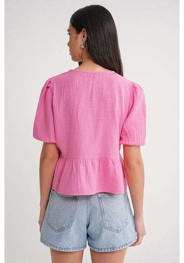 4713 Kadın Beli Büzgülü Kolu Lastikli Bol Müslin Bluz Pembe Pembe
