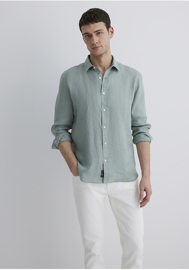 Mavi - Gri Keten Gömlek 0211466-70113 Yeşil