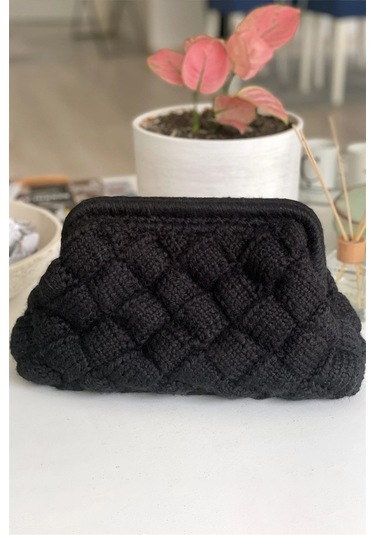 El Yapımı Siyah Diamond Yün Örgü El Çantası Siyah