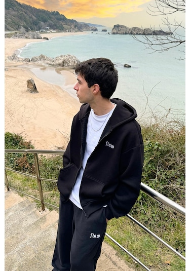 Flaw Nakışlı Zip Hoodie Siyah Siyah