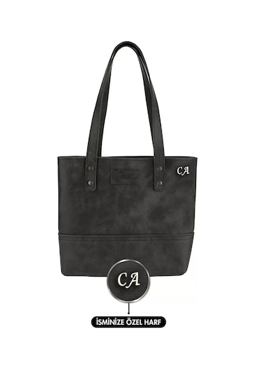 İsme Özel Tote Bag El Omuz Çantası - %100 Rainbow Deri - Ac03003 - Antrasit Antrasit