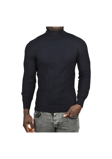 Deepsea Erkek Lacivert Desenli Dar Kesim Tam Balıkçı Yaka Triko Boğazlı Kazak 2505510 Lacivert