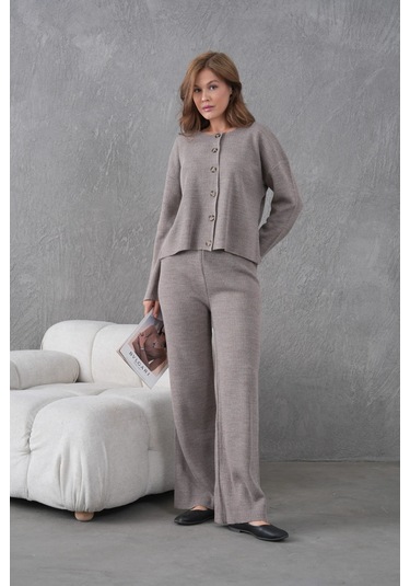 Kadın Bisiklet Yaka Düğme Kapama Kaşkorse Ceket Pantolon İkili Triko Takım K.vizon