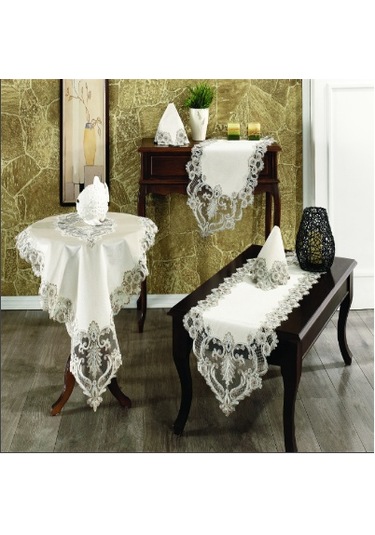 Secret House Gülsu 5 Parça Kadife Güpürlü Salon Takımı Ekru