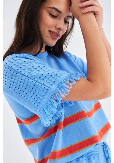 Peraluna Hannah Blouse & Shorts Pamuklu Yazlık Kadın Triko Şort T Mavi