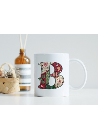 B Harfi Yılbaşı Temalı Kupa Bardak - Yeni Yıl Konsept Yamalı Efekt Tasarım - Noel Hediye Beyaz