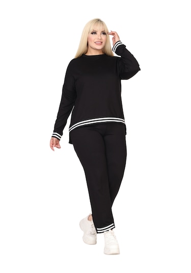 Melsay Butik Siyah Bisiklet Yaka Yakası Şerit Detaylı Eşofman Takımı Siyah