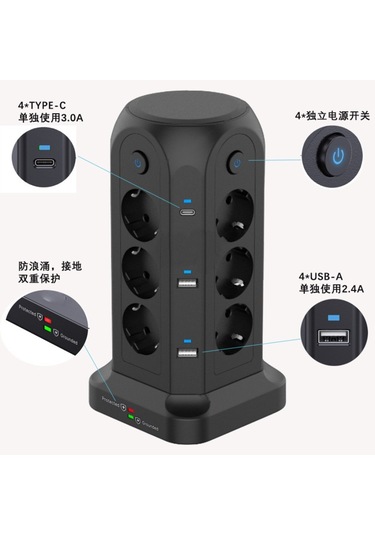 Kule Tipi Priz - Avrupa Standardı - 2 Type-c Portlu - 2 Metre Kablolu - 12 Yuvalı Um46021-1 Yurt Dışından 2 Metre