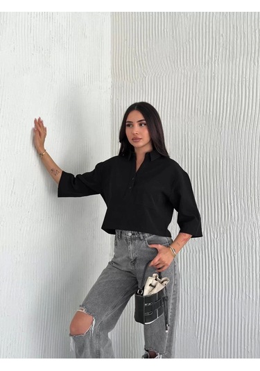 Z Krep Kadın Crop Yakalı Gömlek İlik Düğmeli Üç Çeyrek Sleeve Kol - Siyah Siyah
