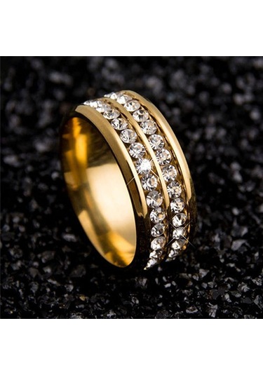 Altın Bayan Erkek Moda Çift Sıralı Rhinestones Titanyum Çelik Düğün Takı Yüzük 8 Altın
