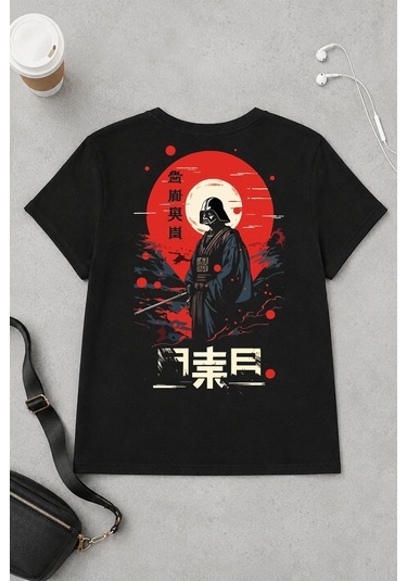 Spoyi Red Moon Warrior Tasarımlı %100 Pamuk Yarım Oversize Siyah T-shirt