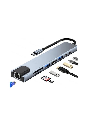 Shaza 8in1 USB Type-C Hub Port Adaptör HDMI USB Ethernet PD Girişli