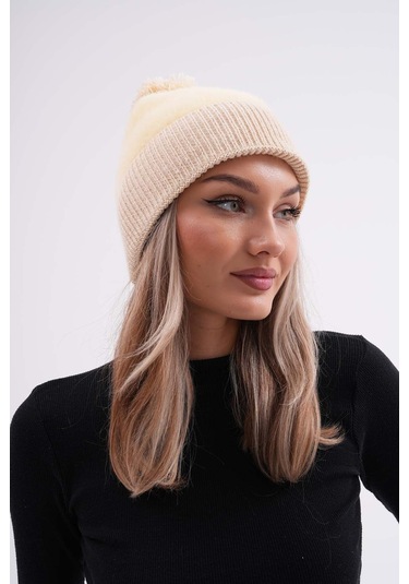 Peluş Ponponlu Bere Krem