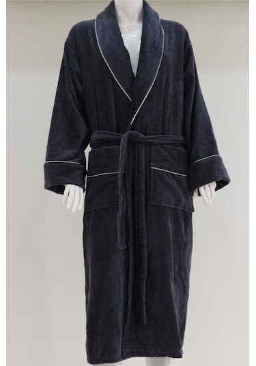 Kadife Şalyaka Bornoz Pamuklu Cepli Biyeli Kemerli Unisex Bornoz 001