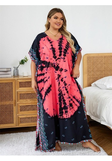 Edolynsa Karpuz Kırmızısı Baskılı Bohem Kaftan Kadın Bornoz Plaj Elbisesi Rahat Çok Yönlü Taze Elbise Mayo Örtüsü Q1464 Çok Renkli