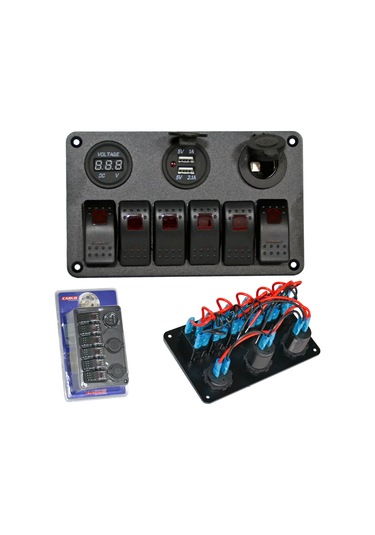 Carub Anahtar Switch Paneli 6 Lı Voltmetre + Usb + Çakmak Kırmızı Işıklı 18x11 Cm Br4630153