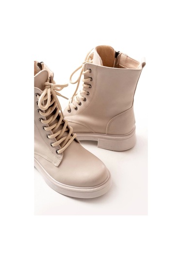 Bej Düz Topuklu Bağcıklı Fermuarlı Günlük Kadın Bot Bej