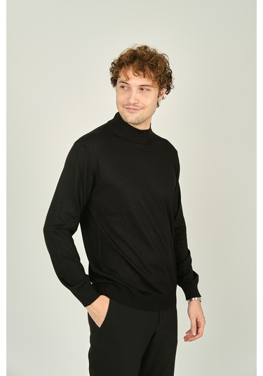 Ateş Triko Erkek Yarım Balıkçı Yaka Yün Kazak 0004 Siyah Siyah