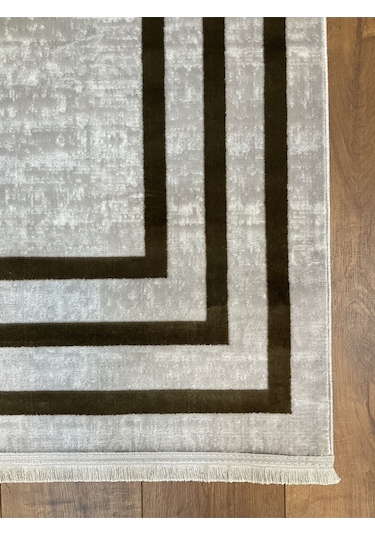 Saraz Halı Çerçeve Model Bambu Yıkanabilir Parlak Halı Kahve Çizgi Kahve-gri