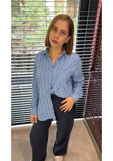 Elif Tarakçı Butik Mavi Çizgili Gömlek Mavi Çizgili