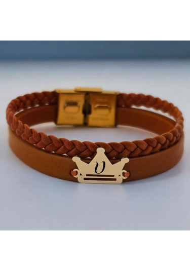 Archin V Harfine Özel 14 Ayar Altın Plakalı Kahverengi Derili Taç Motifli Hediye Bileklik-467harf V