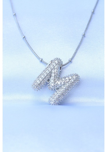 316l Çelik Zincirli Zirkon Taşlı M Harfli Gümüş Renk Bubble Kolye