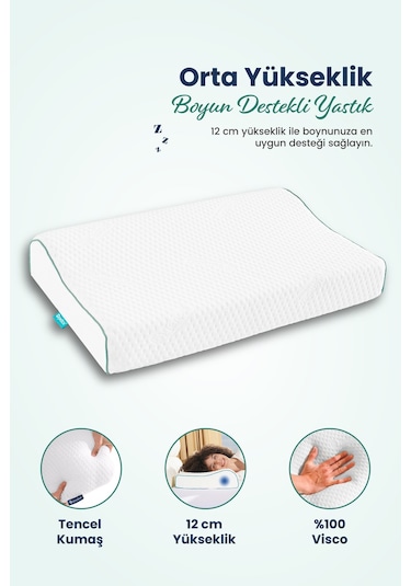 Çift Boyun Destekli Ortopedik Visco Yastık 52x32x12-10cm Beyaz