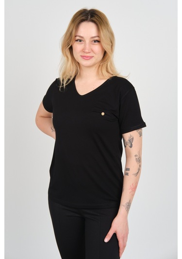 Sistas Kadın Kısa Kollu Süs Cep Detaylı Duble Kol Bluz 4110 Siyah Siyah
