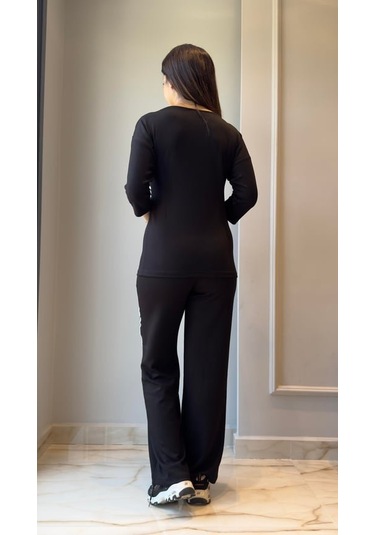 Tua Moda Kadın Uzun Kollu Truvakar Kol Tek Omuz Çapraz Şerit Detaylı Ribanalı Viskon Iki Iplik Bluz Ve Pantolon Ikili Takım Siyah