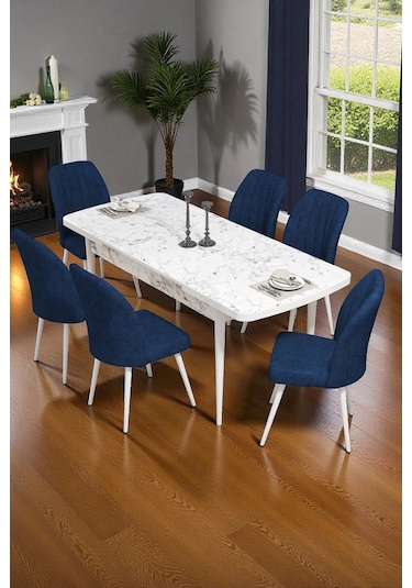 Bara Siyah Mermer 80x132 Açılabilir Sunta Masa Yemek Odası Takımı, Mutfak Takımı 6 Adet Sandalye Lacivert