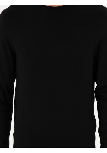 Cacharel Siyah Slim Fit Yün Karışımlı Bisiklet Yaka Basic Triko Kazak