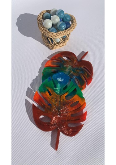 Kırmızı Turuncu Yeşil Su Mavi Gökkuşağı Renk Yaprak Şekil Epoksi Kırmızı