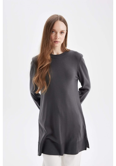 DeFacto Regular Fit Bisiklet Yaka Yırtmaçlı Basic Düz Triko Kazak Tunik H3431AZ24AUAR161 Antrasit