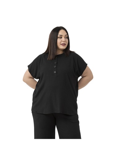 Büyük Beden Düşük Kollu Bluz Pantolon Siyah İkili Takım Siyah