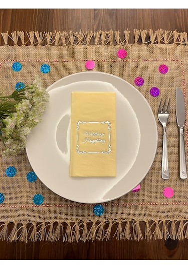 Gümüş Yaldızlı Sarı Çerçeveli Mevlidimize Hoşgeldiniz Peçete 16 Adet