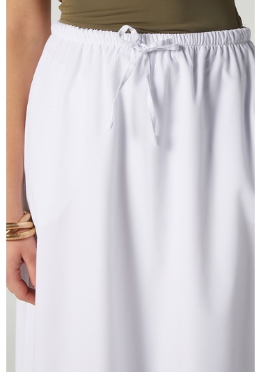 Kadın Seaside Beyaz Astarlı Bel Lastikli Cepli Dokuma Uzun Etek Beyaz