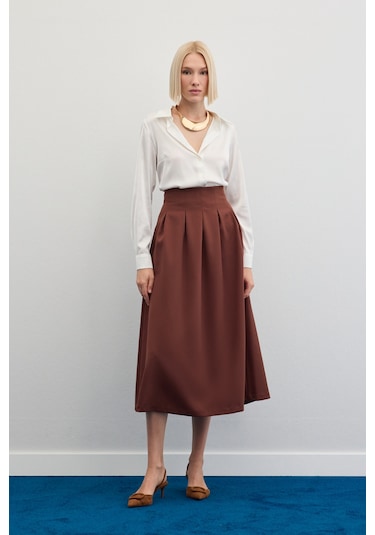 Sateen Pileli Midi Etek - Kahve-136478 Kahve