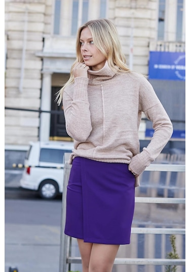 Kadın Hafif Likralı Kumaş Yüksek Bel Anvelop Kruvaze Hafif Mini Kalem Etek-mor Mor