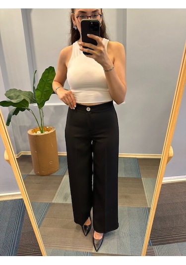 Yüksek Bel Palazzo Metal Düğmepantolon Siyah