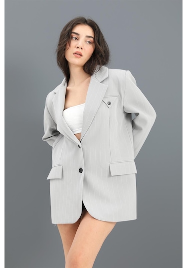 Blazer Ceket Çizgili Atlas Kumaş - Gri-gri Gri