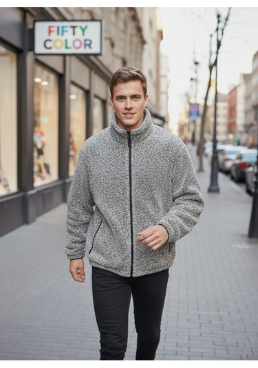 Gri Premium Kalite Dik Yaka, Fermuarlı, Polarlı, Peluş Ceket Gri