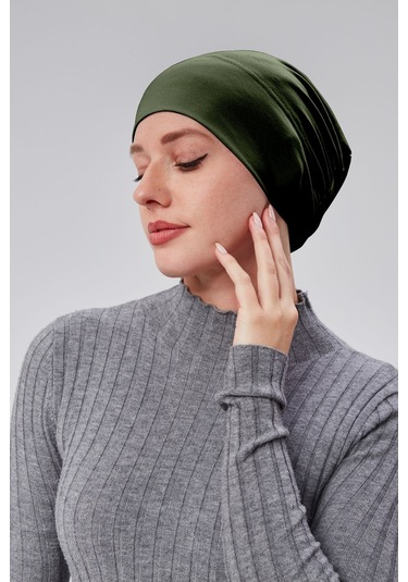 Kadın Tesettür Hazır Pratik Geçmeli Bone Lastikli Kaymaz Haki Haki