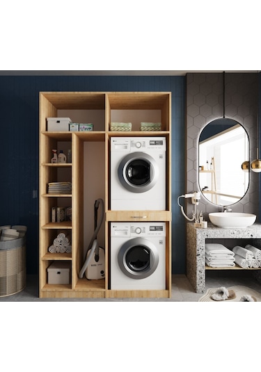 Megan Çamaşır Ve Kurutma Makinesi Dolabı Banyo Dolabı Meşe Meşe