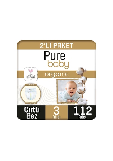 Pure Baby Organik Pamuklu Cırtlı Bez 2'li Paket 3 Numara Midi 112 Adet 2'li