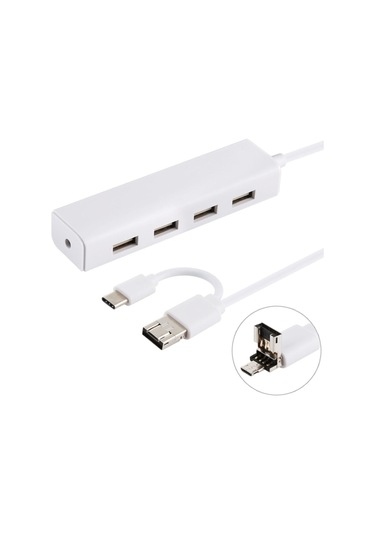3'ü 1 Usb-c / Typ-c + Mıcro Usb + 4 X Usb 2.0 Bağlantı Noktası Hub Dönüştürücü, Kablo Uzunluğu: 12cm Beyaz