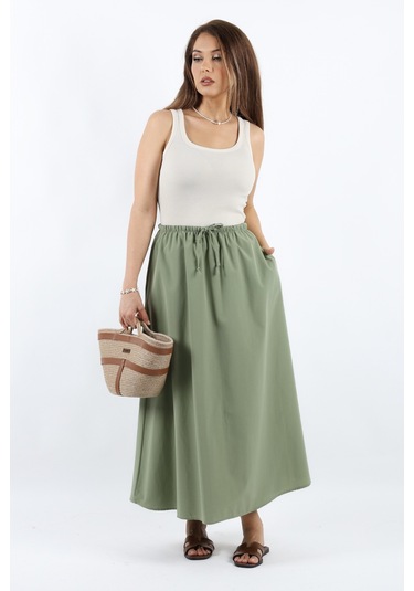 Kadın Alya Haki Cepli Poplin Etek Haki