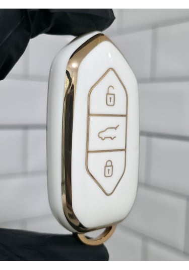 Togg T10x Uyumlu 3 Butonlu Anahtar Koruma Kılıfı Beyaz Gold