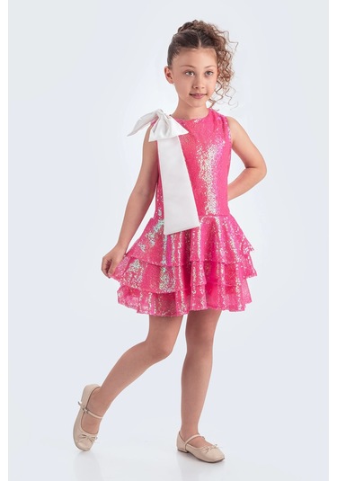 Etekli Şık Elbise Pullu 3 Kat Fuşya